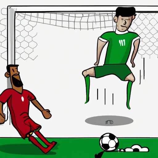 Cầu thủ Bồ Đào Nha đá bóng vào khung thành trong khi cầu thủ Iran cố gắng chặn đứng.