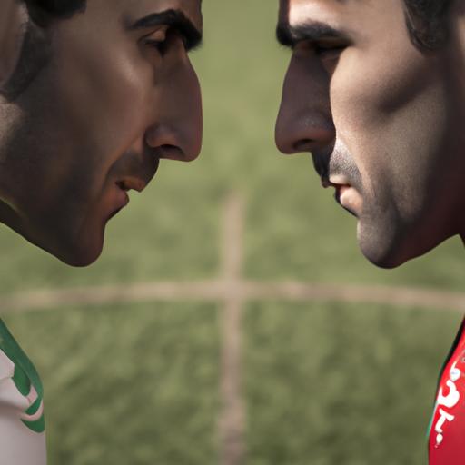 Hai cầu thủ bóng đá, một đến từ Bồ Đào Nha và một đến từ Iran, đối diện nhau trên sân.