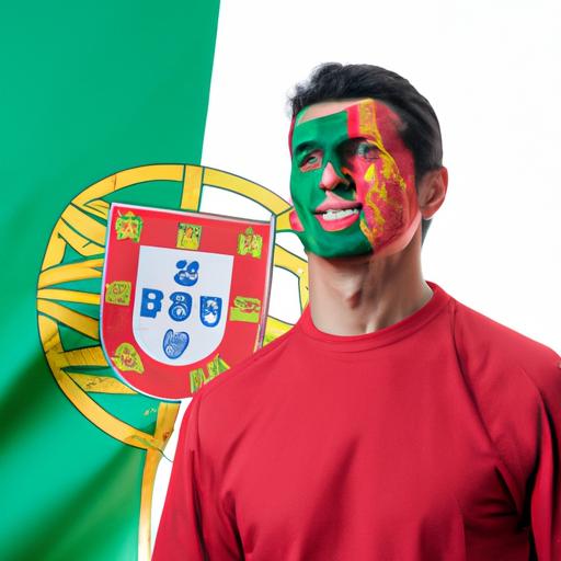 Một CĐV bóng đá mặc áo đấu của đội tuyển Bồ Đào Nha với sơn mặt và cầm cờ.