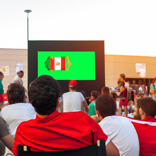 Một nhóm người xem trận đấu giữa Bồ Đào Nha và Iran trên màn hình lớn tại khu vực công cộng.