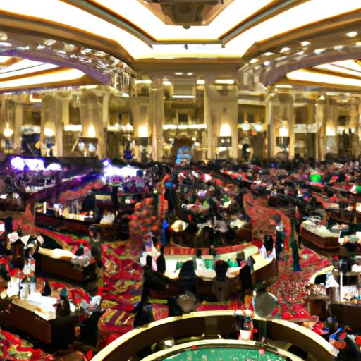 Cảnh quan rộn ràng của sàn casino đông đúc với người chơi và nhà cái tại Macau Club.