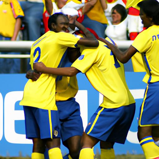 Đội tuyển Ecuador ăn mừng bàn thắng trong trận đấu với đội tuyển Senegal.