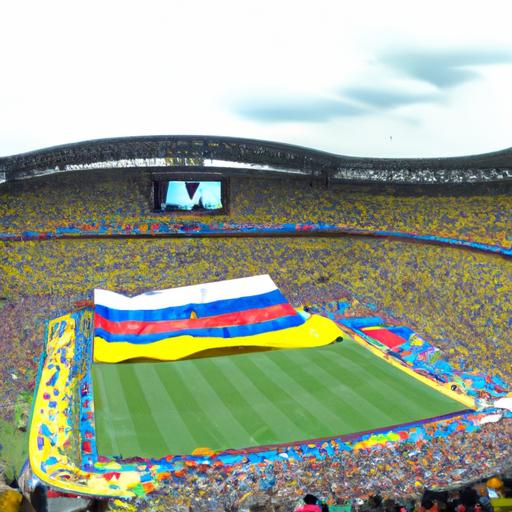 Một khung cảnh toàn cảnh về sân vận động đầy cổ động viên mặc áo đội tuyển Colombia và Nhật Bản.