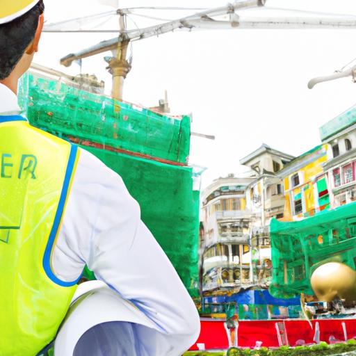 Người lao động trong trang phục đồng phục cầm mũ bảo hiểm và bản vẽ tại công trường xây dựng ở Macao.