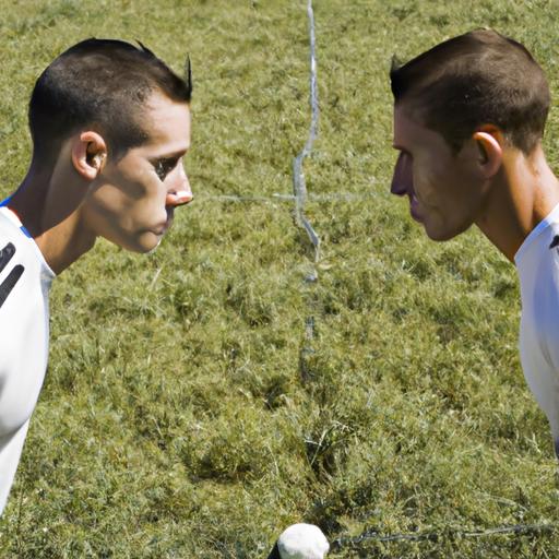 Hình ảnh chụp cận cảnh Ronaldo và Bale đối đầu nhau trên sân bóng đá.