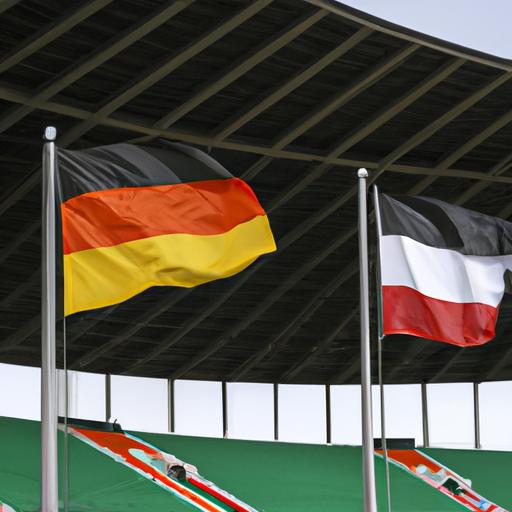 Sân vận động với cờ Đức và cờ Ý tung bay trong gió